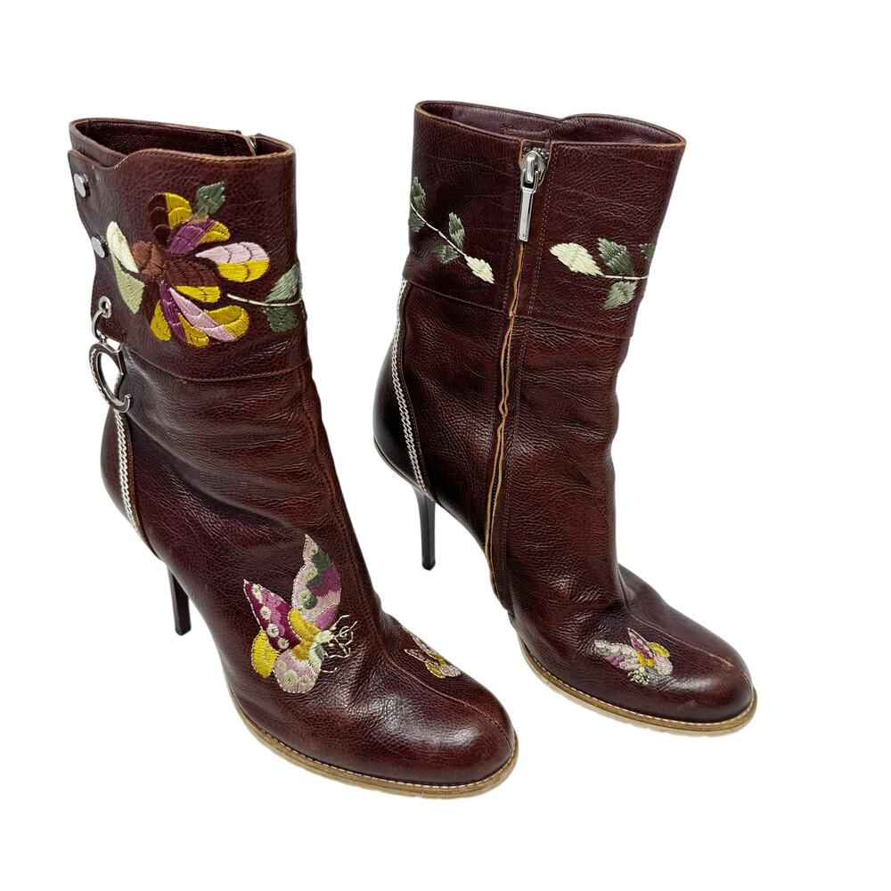 Christian Dior Galliano SS05 Floral Embroidered Leather Boots Archival Sz 38